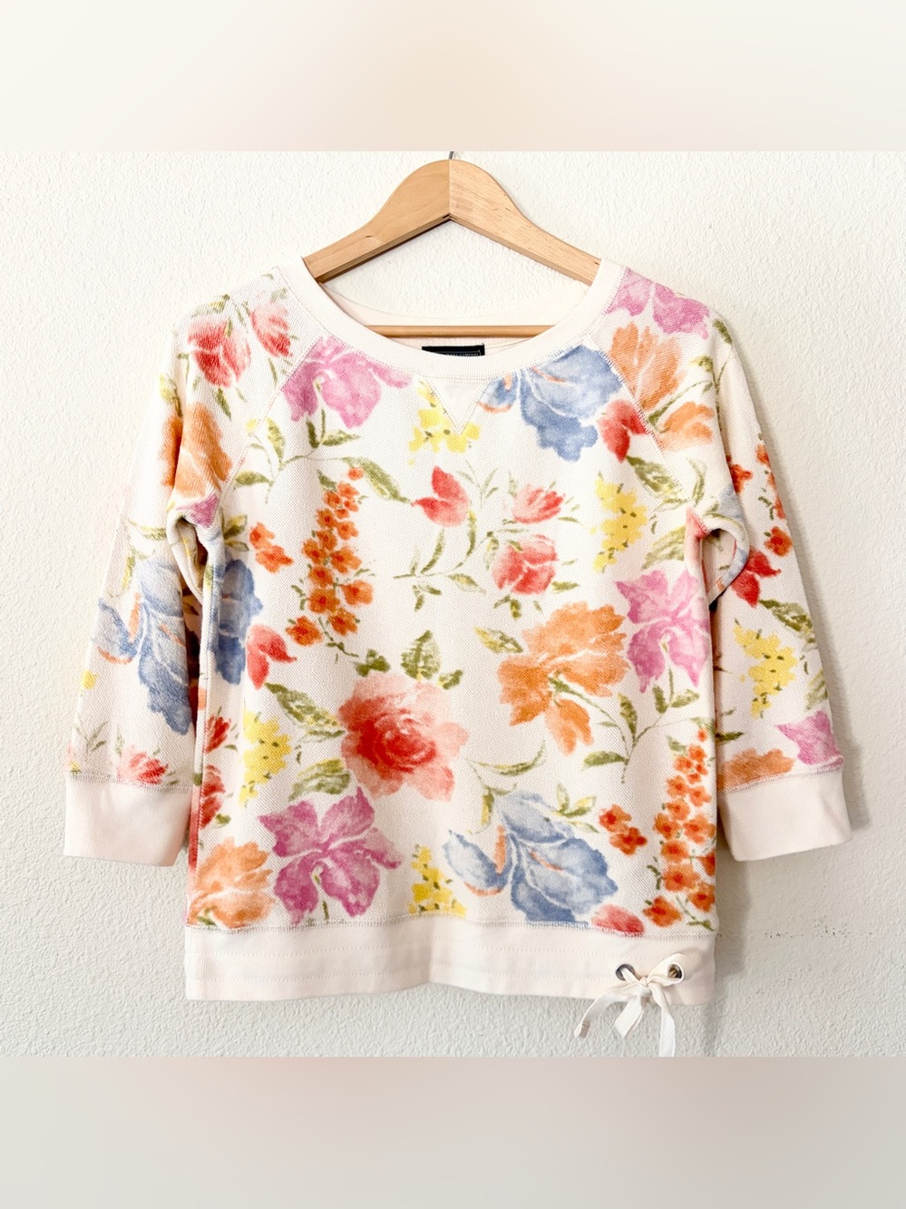 NWT Ralph Lauren Jeans Cream Crewneck Sweater Pastel Floral Print 100% Cotton S